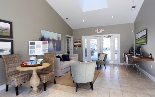 a living room with a couch and a table