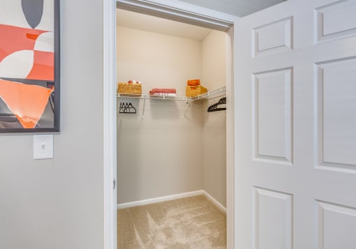 an empty closet with a white door and a white closet door