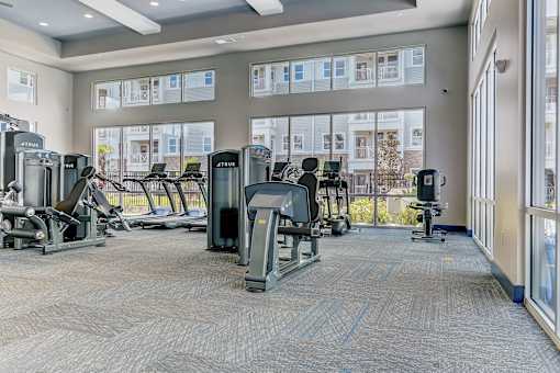 A gym with a variety of equipment including treadmills, stationary bikes, and weight machines.