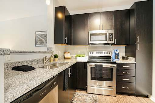 A modern kitchen with black cabinets and stainless steel appliances.