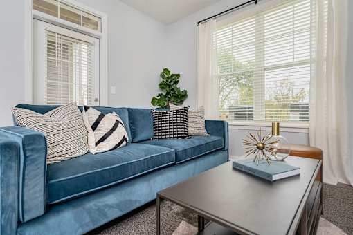 A blue velvet couch with a striped pillow and a green plant on a coffee table.