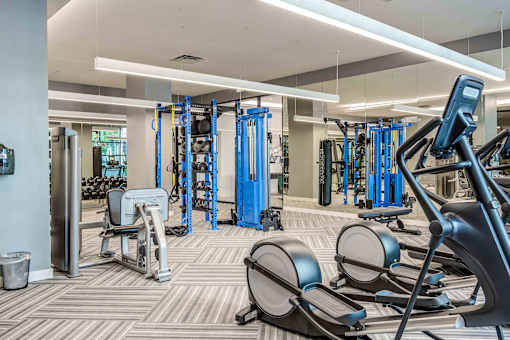 North Miami Beach, FL Luxury Apartments Near Sunny Isles Beach - Lazul - Fitness Center with Cardio Machines, Workout Benches, Free Weights, Strength Training Equipment, and Mirror Wall.