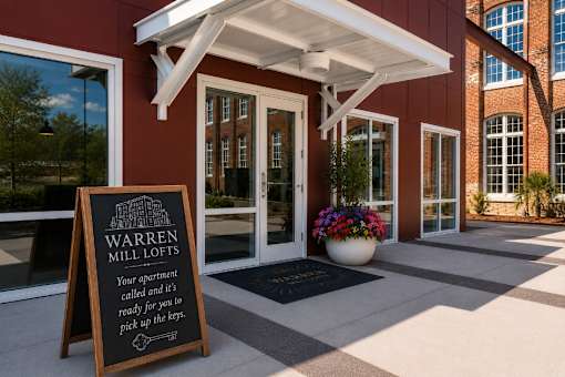 The entrance to Warren Mill Lofts with a sign welcoming people to the apartments.