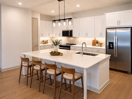 A modern kitchen with white cabinets and a large island.