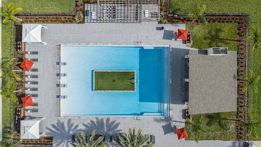 A swimming pool surrounded by a grassy area and palm trees.