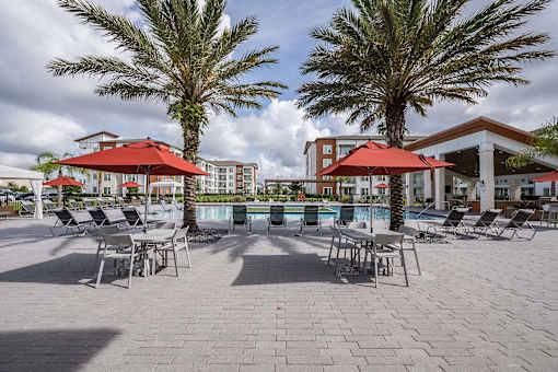 A pool area with red umbrellas and palm trees.