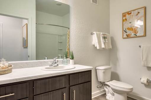 A bathroom with a white toilet and a mirror above the sink.