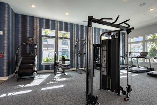 A gym with a variety of equipment including a treadmill, a stationary bike, and a weight machine.