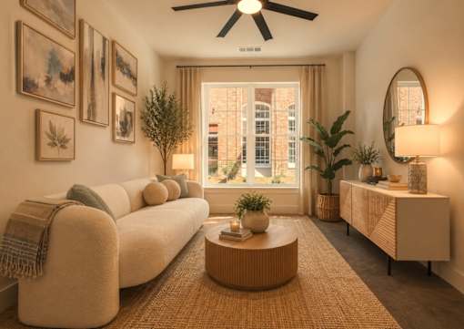 A living room with a white sofa, a round coffee table, and a ceiling fan.
