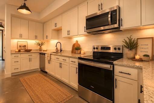 A modern kitchen with white cabinets and stainless steel appliances.
