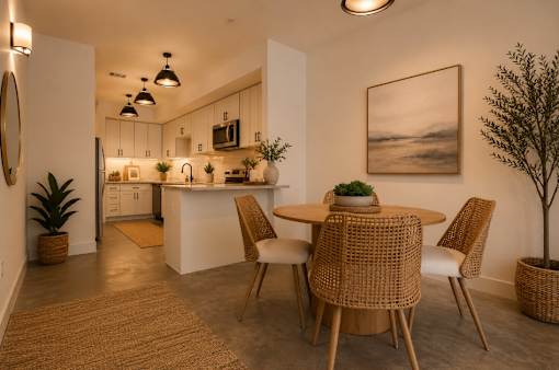 A modern kitchen with a dining table set for four.