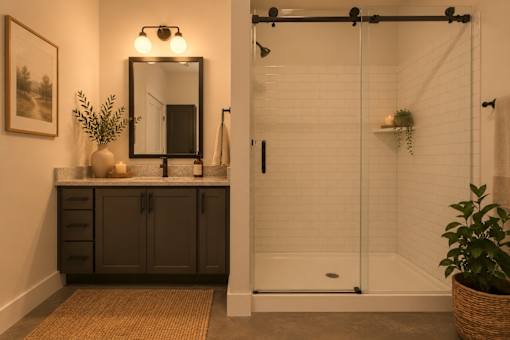 A bathroom with a white shower and a mirror above a cabinet.