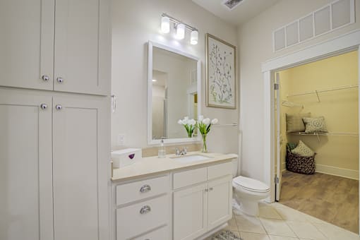 A bathroom with a white vanity and a white toilet.