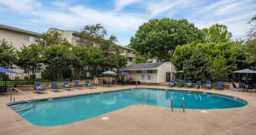 A large outdoor swimming pool surrounded by lounge chairs and trees.