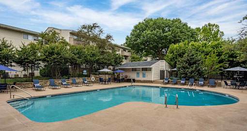 A large swimming pool surrounded by chairs and trees.