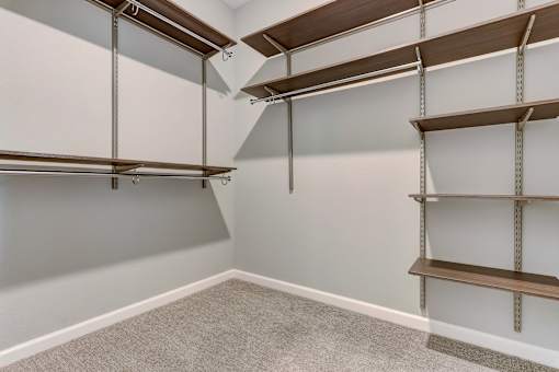 Empty room with shelving units and grey carpet.