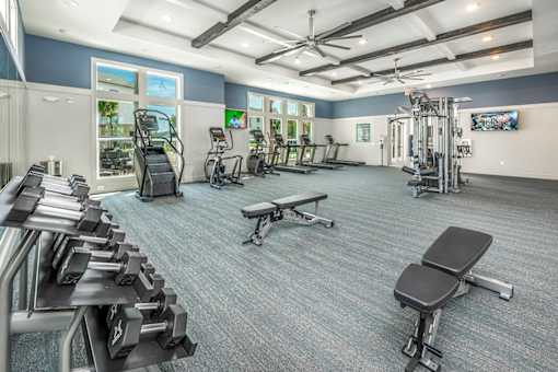 Jacksonville, FL, Luxury Apartments Near Botanical Gardens - The Clarke At Kendall Town - A Fitness Center With Matrix Strength Equipment, Treadmills, And A Dumbbell Rack.