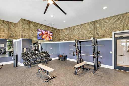A gym with a variety of equipment including weights and a bench.