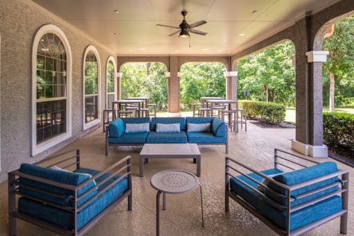 a covered patio with couches tables and chairs and a ceiling fan at Orion McCord Park, Little Elm, TX, 75068