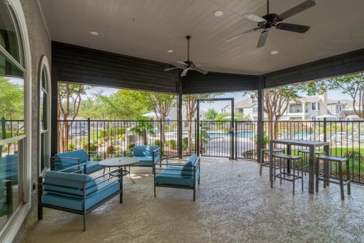 a covered patio with tables and chairs and a ceiling fan at Orion Prosper Lakes, Prosper, TX, 75078