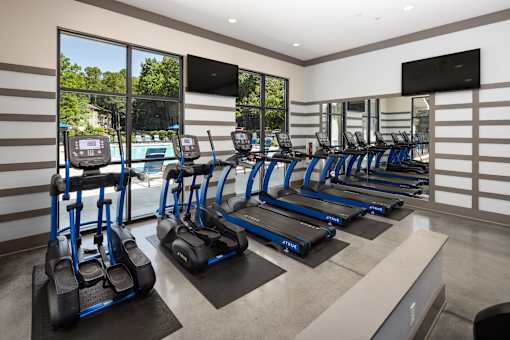 A gym with treadmills and elliptical machines.