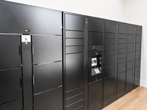 A row of black lockers in a room.