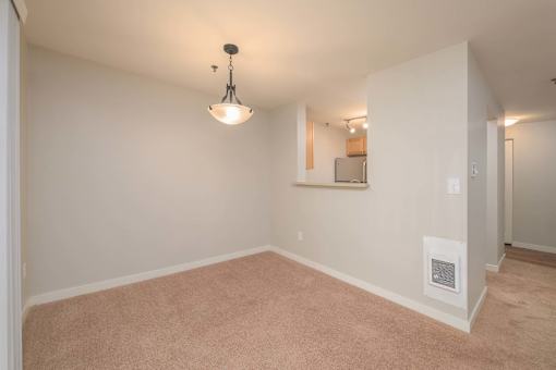A room with a carpet floor and a ceiling light.