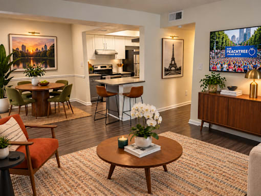 A living room with a dining table and chairs, a sofa, a coffee table, and a television displaying the Peachtree logo.