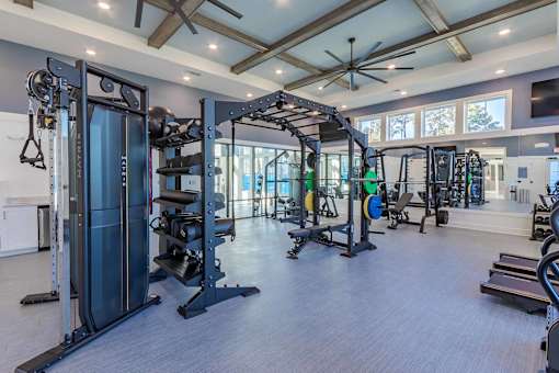 A spacious gym with a variety of equipment including a squat rack, bench press, and a rowing machine.