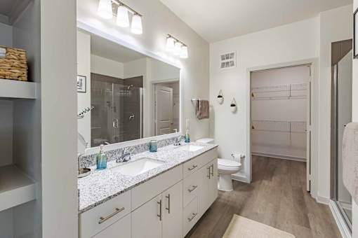 A bathroom with a sink, mirror, toilet, and a walk-in shower.