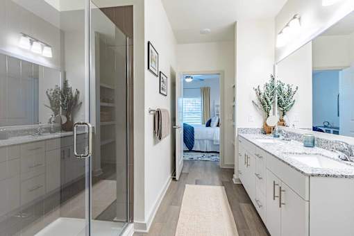 A bathroom with a walk-in shower and a vanity with a mirror.