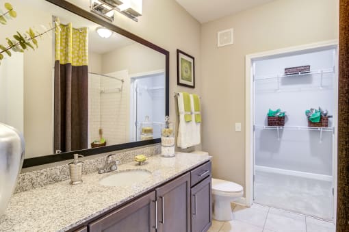 a bathroom with a large mirror and a toilet and a shower