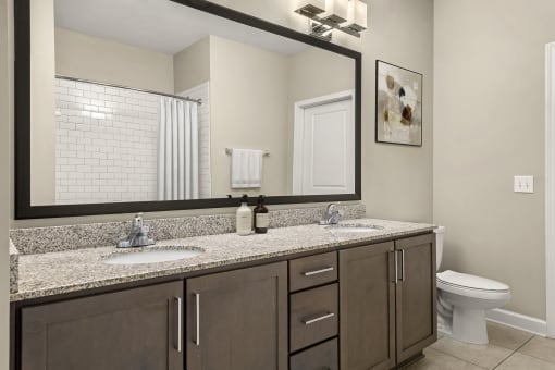 a bathroom with a large mirror and a sink and a toilet