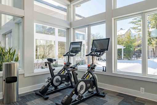 Two stationary bikes are in a sunny room.