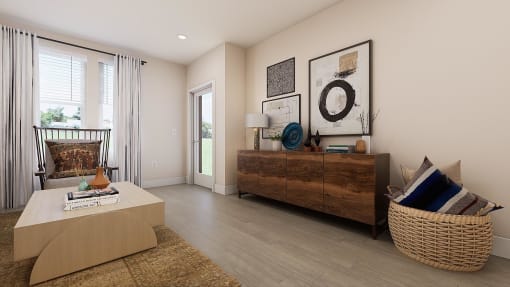 a living room with a couch and a table