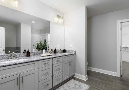 A bathroom with a vanity and a mirror.