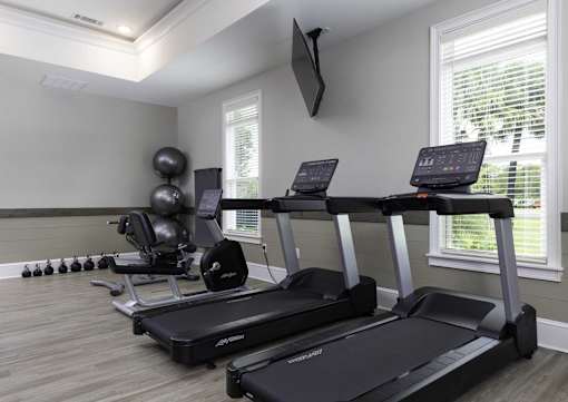 A home gym with treadmills, weights, and exercise balls.