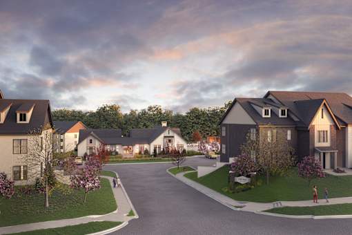 A street view of a residential neighborhood with houses and trees.