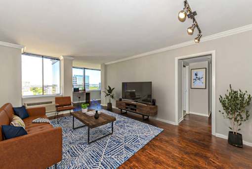 A living room with a brown couch, a coffee table, and a television.