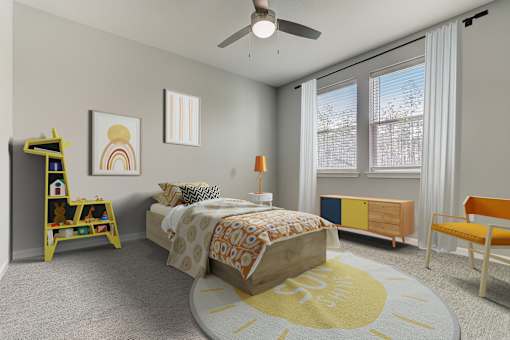 A bedroom with a bed, a chair, a bench, and a rug.