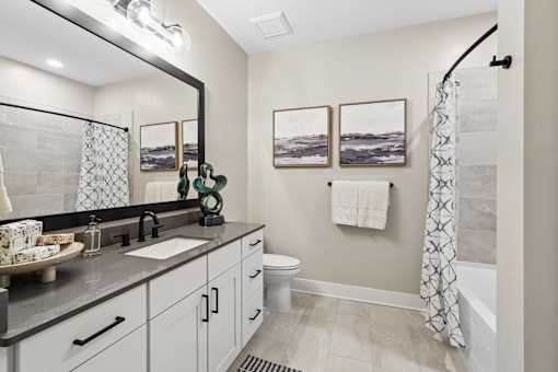 A bathroom with a sink, toilet, and a shower.