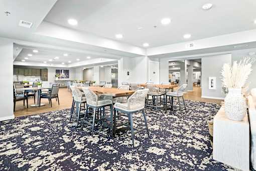 A large dining room with a black and white patterned carpet.