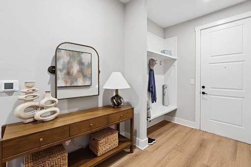 A white door is on the right side of the image.