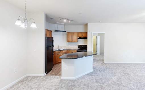 A kitchen with a black refrigerator and wooden cabinets.
