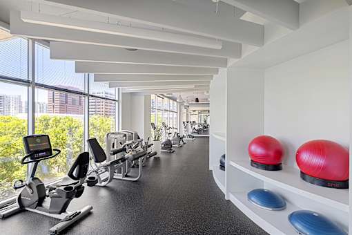 A gym with a row of treadmills and exercise balls.