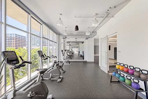 A gym with a row of exercise bikes and a row of kettlebells.