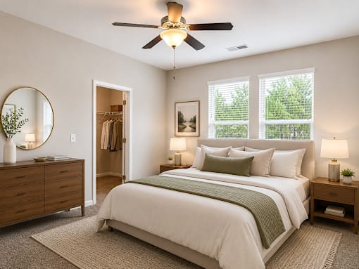 bedroom with big bed and dresser with natural light