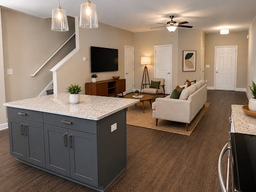 living room with sofa and console with mounted tv