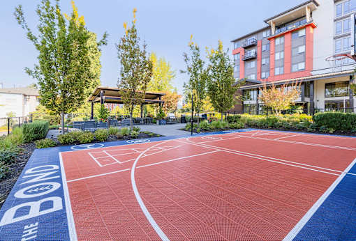 A basketball court with the word BOND on it.