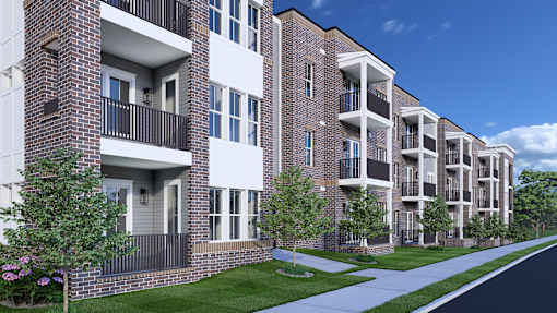 Nashville, TN Luxury Apartments with In-Unit Washer and Dryer - Crest at Stones Branch - Street View of Property Highlighting Concrete Pathway, Manicured Front Lawn, and Private Patios and Balconies.